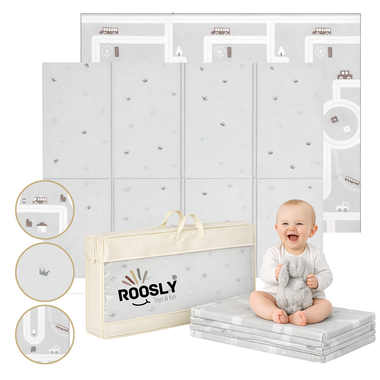 Roosly Speelmat Baby - Speelkleed Baby - Inclusief Opbergtas - babygym - Dubbelzijdig en opvouwbare Foam XPE 180 x 200 cm - speelgoed - Veilig & Zacht - model KING Gray