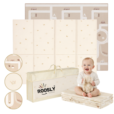 Roosly Speelmat Baby - Speelkleed Baby - Inclusief Opbergtas - babygym - kruipmat - playmat - Dubbelzijdig en opvouwbare Foam XPE 180 x 200 cm - speelgoed - Veilig & Zacht - model KING Beige