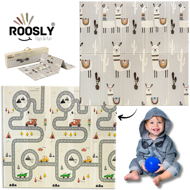 Roosly Speelmat Baby - Speelkleed Baby - Inclusief Opbergtas - babygym - Dubbelzijdig en opvouwbare Foam XPE 180 x 200 cm - speelgoed - Veilig & Zacht - model Llama