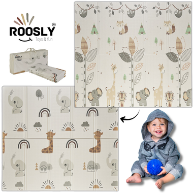 Roosly Speelmat Baby - Speelkleed Baby - Inclusief Opbergtas - babygym - Dubbelzijdig en opvouwbare Foam XPE 180 x 200 cm - speelgoed - Veilig & Zacht - model Safari