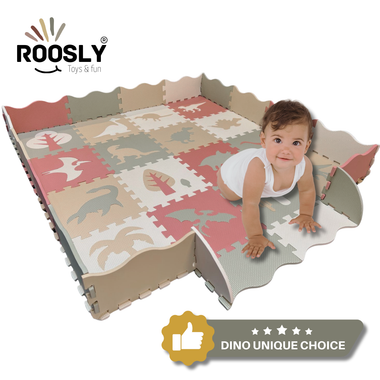 Roosly Speelmat Baby - Speelkleed Baby - babygym - Foam vloerpuzzel 145 x 145 cm - Opstaande Rand - Inclusief Opbergtas - speelgoed -Veilig & Zacht - Dino - Pastel