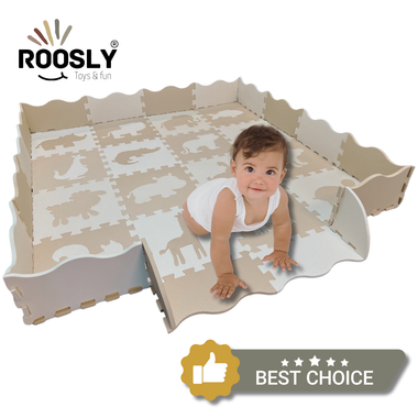 Roosly Speelmat Baby - Speelkleed Baby - babygym - Foam vloerpuzzel 145 x 145 cm - Opstaande Rand - Inclusief Opbergtas - speelgoed - Veilig & Zacht - Beige